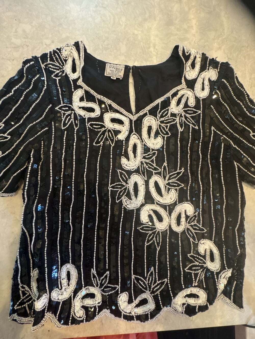 Stenay Plus Vintage Black and White Silk Sequin Beaded Evening Blouse Top 1X